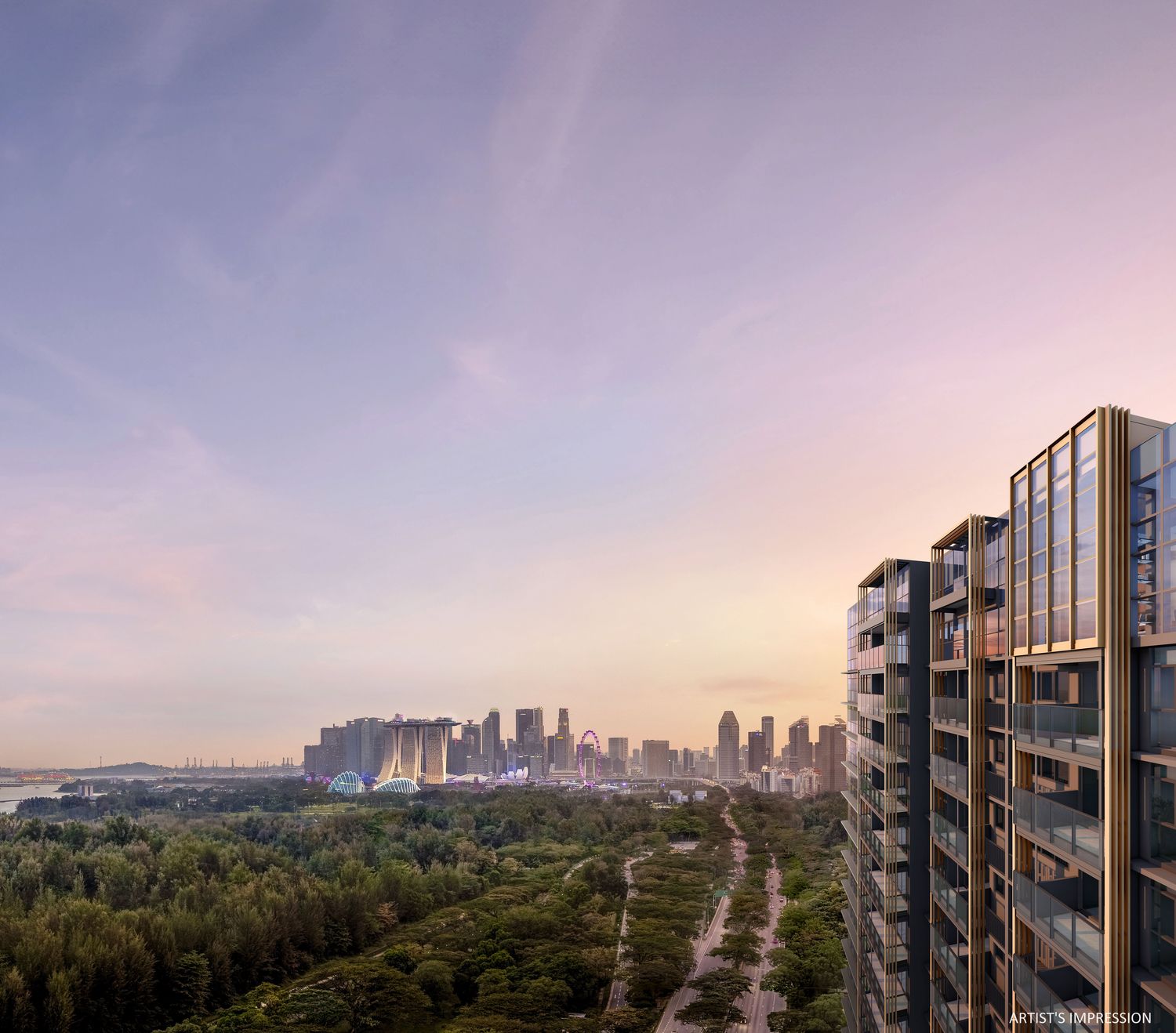 The Meyer Blue tower with the city skyline in the distance at dusk