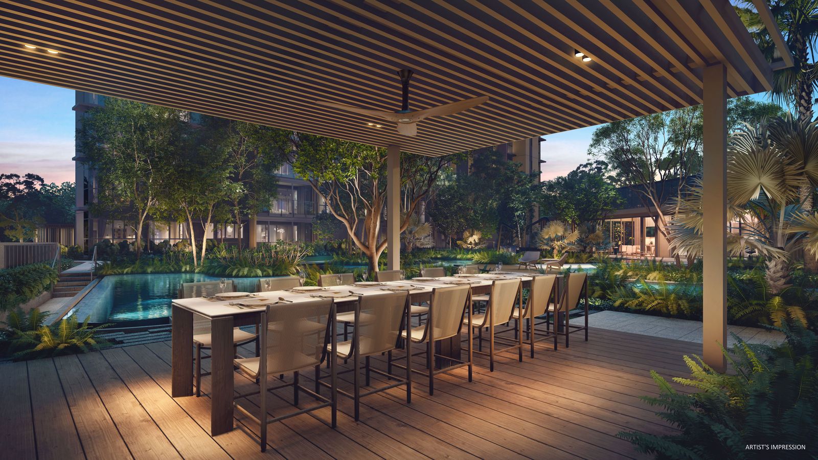 Outdoor dining pavilion beside the pool