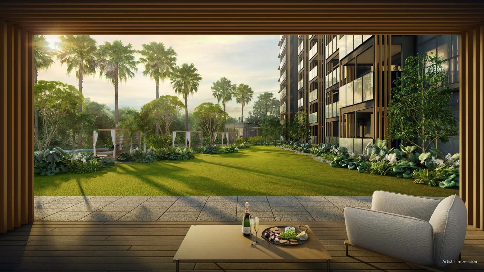 Garden lawn seen from a covered lounge