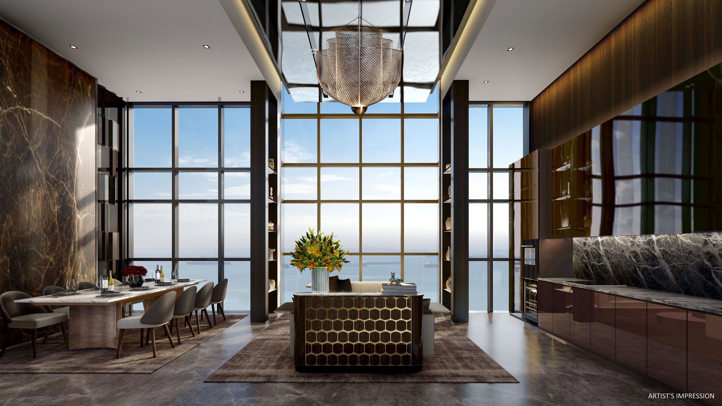 Double-height lounge at Meyer Blue with full-height windows