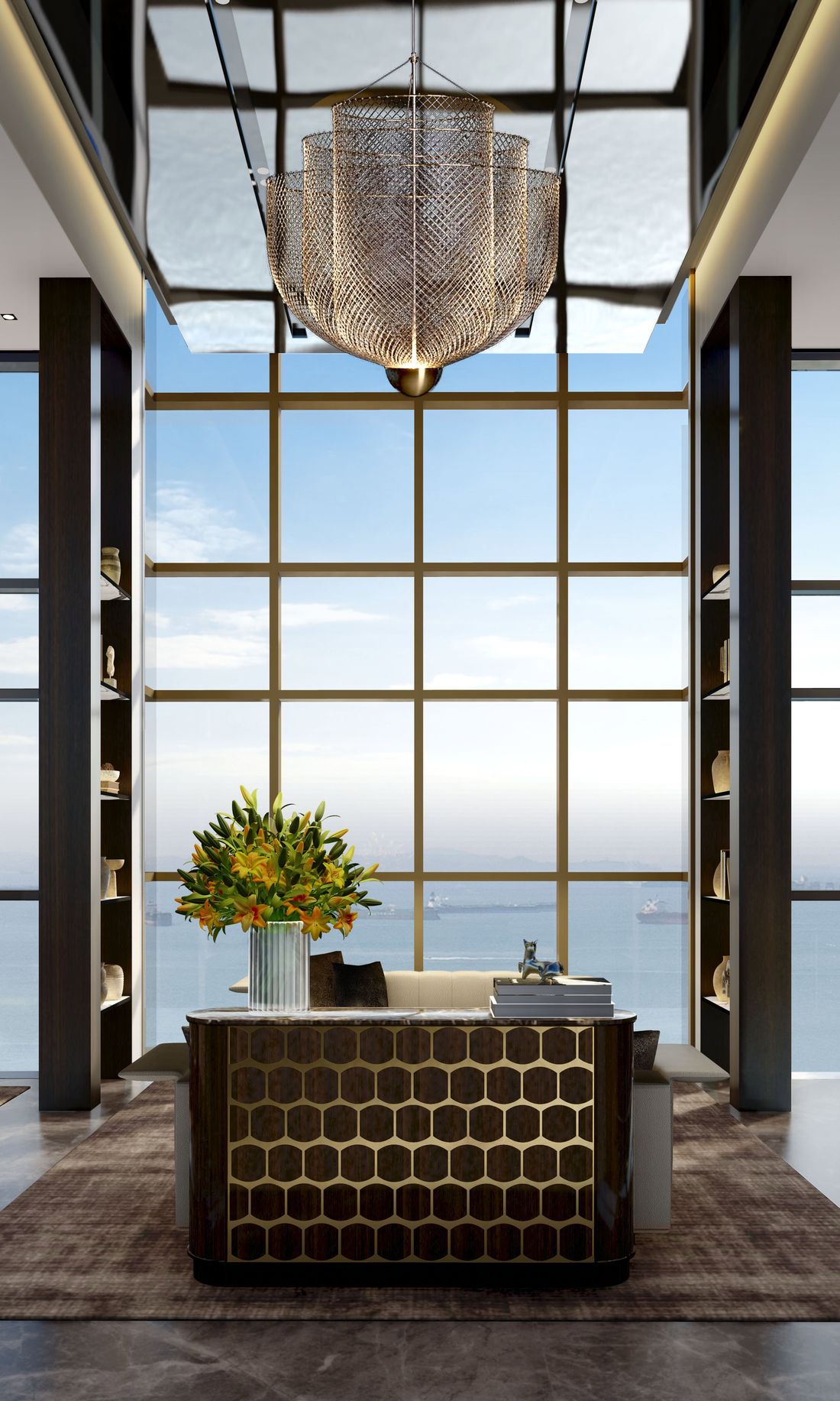 Double-height lounge at Meyer Blue with full-height windows