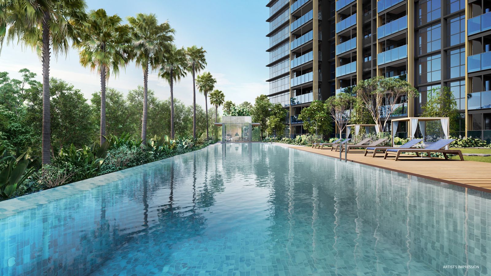 Lap pool and sun deck below the Meyer Blue tower