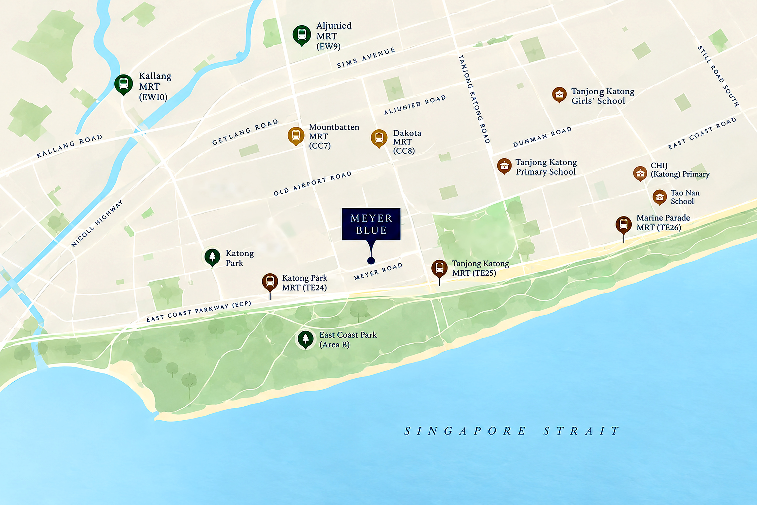 Illustrated location map of Meyer Blue on Meyer Road with nearby MRT stations, schools and East Coast Park