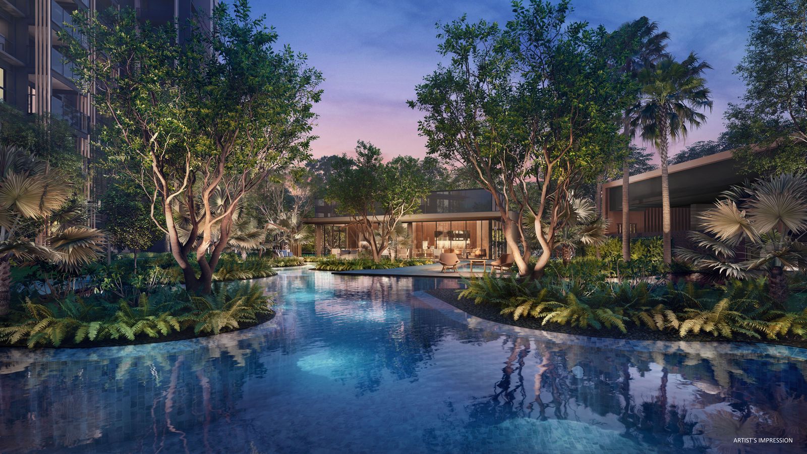 Landscaped pool at Meyer Blue at dusk