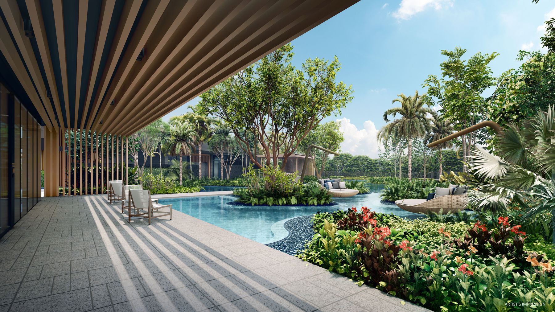Covered pool deck with lush planting